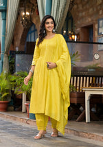 Thumbnail for Juniper Women's Yellow Mirror Embroidered Liva Rayon Kurta Pant And Dupatta Set With Lace & Button Detail - Distacart