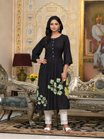 Thumbnail for Juniper Women's Black Floral Printed Liva Rayon Kurta With Buttons - Distacart
