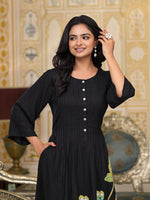 Thumbnail for Juniper Women's Black Floral Printed Liva Rayon Kurta With Buttons - Distacart