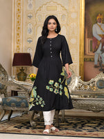 Thumbnail for Juniper Women's Black Floral Printed Liva Rayon Kurta With Buttons - Distacart