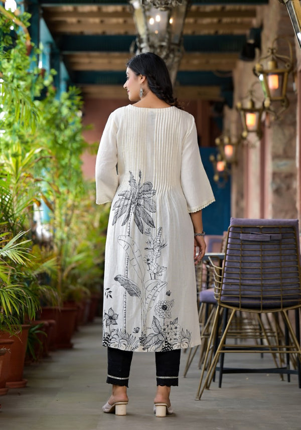 Juniper Women's Natural Floral Printed Kurta With Buttons & Lace - Distacart