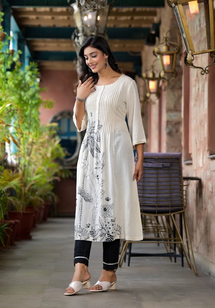 Juniper Women's Natural Floral Printed Kurta With Buttons & Lace - Distacart