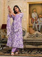 Thumbnail for Juniper Women's Lavender Floral Printed Rayon Kurta, Pant And Dupatta Set With Thread & Sequins Work - Distacart