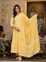 Thumbnail for Juniper Women's Yellow Floral Printed Rayon Kurta With Pant And Dupatta With Thread & Sequins Work - Distacart