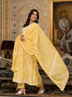 Thumbnail for Juniper Women's Yellow Floral Printed Rayon Kurta With Pant And Dupatta With Thread & Sequins Work - Distacart
