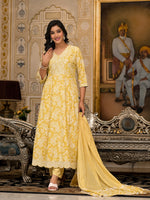Thumbnail for Juniper Women's Yellow Floral Printed Rayon Kurta With Pant And Dupatta With Thread & Sequins Work - Distacart