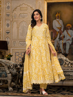 Thumbnail for Juniper Women's Yellow Floral Printed Rayon Kurta With Pant And Dupatta With Thread & Sequins Work - Distacart