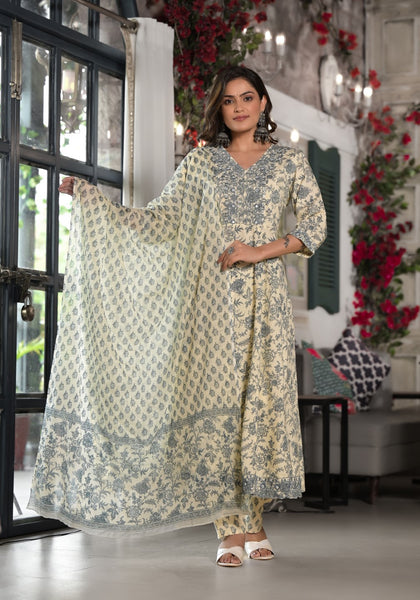 Juniper Women's Grey Floral Printed Rayon Kurta, Pant And Dupatta Set With Mirror & Thread Work - Distacart