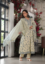 Thumbnail for Juniper Women's Grey Floral Printed Rayon Kurta, Pant And Dupatta Set With Mirror & Thread Work - Distacart