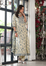 Thumbnail for Juniper Women's Grey Floral Printed Rayon Kurta, Pant And Dupatta Set With Mirror & Thread Work - Distacart