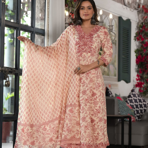 Juniper Women's Pink Floral Printed Rayon Kurta, Pant And Dupatta Set With Mirror & Thread Work - Distacart