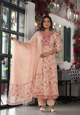 Juniper Women's Pink Floral Printed Rayon Kurta, Pant And Dupatta Set With Mirror & Thread Work - Distacart