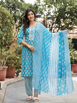 Juniper Women's Blue Ethnic Motif Printed Cotton Kurta, Pant And Dupatta Set With Zari Work - Distacart