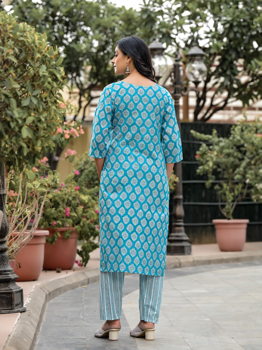 Juniper Women's Blue Ethnic Motif Printed Cotton Kurta, Pant And Dupatta Set With Zari Work - Distacart
