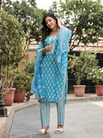 Thumbnail for Juniper Women's Blue Ethnic Motif Printed Cotton Kurta, Pant And Dupatta Set With Zari Work - Distacart