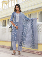 Thumbnail for Juniper Women's Grey Ethnic Motif Printed Cotton Kurta, Pant And Dupatta Set With Thread & Zari Work - Distacart