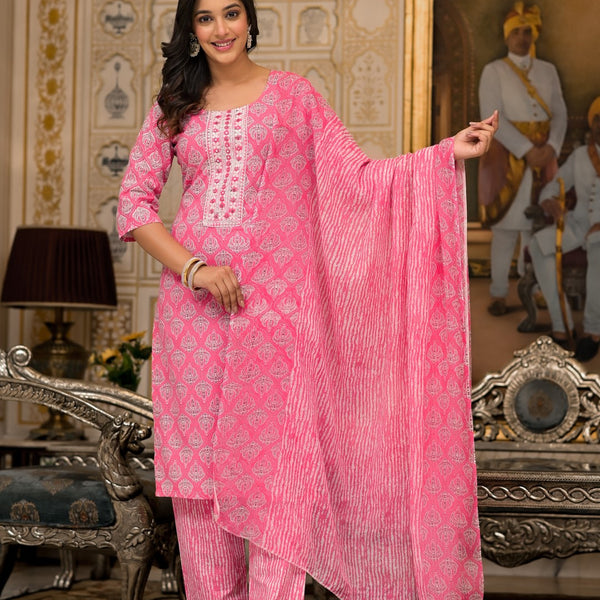 Juniper Women's Pink Ethnic Motif Printed Cotton Kurta, Pant And Dupatta Set With Thread And Mirror Work - Distacart