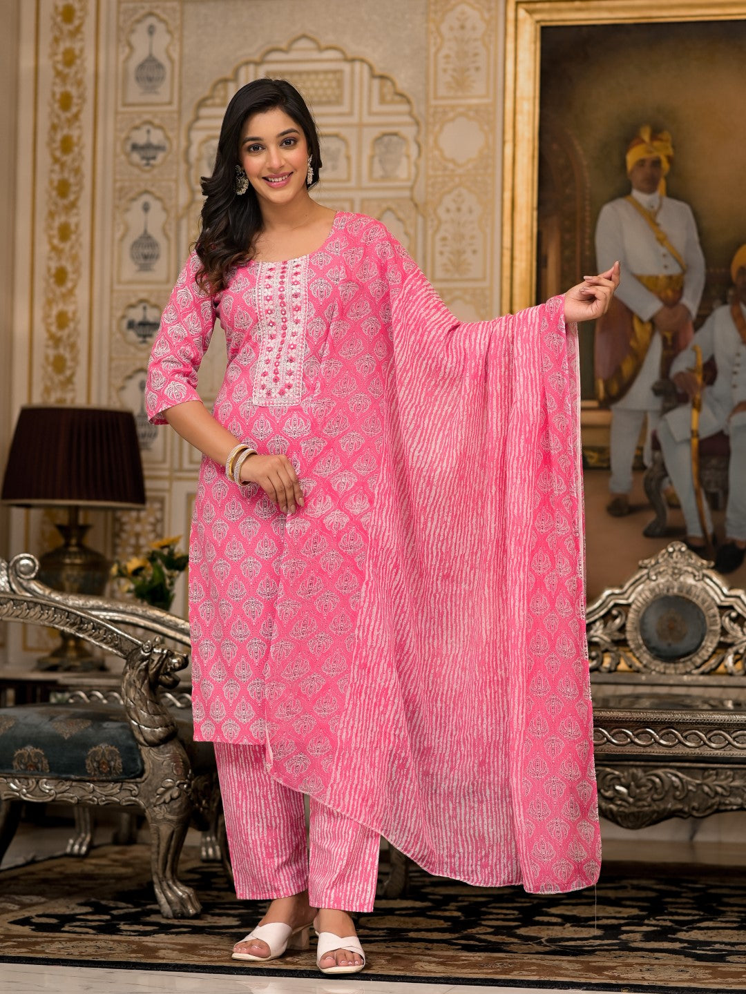 Juniper Women's Pink Ethnic Motif Printed Cotton Kurta, Pant And Dupatta Set With Thread And Mirror Work - Distacart