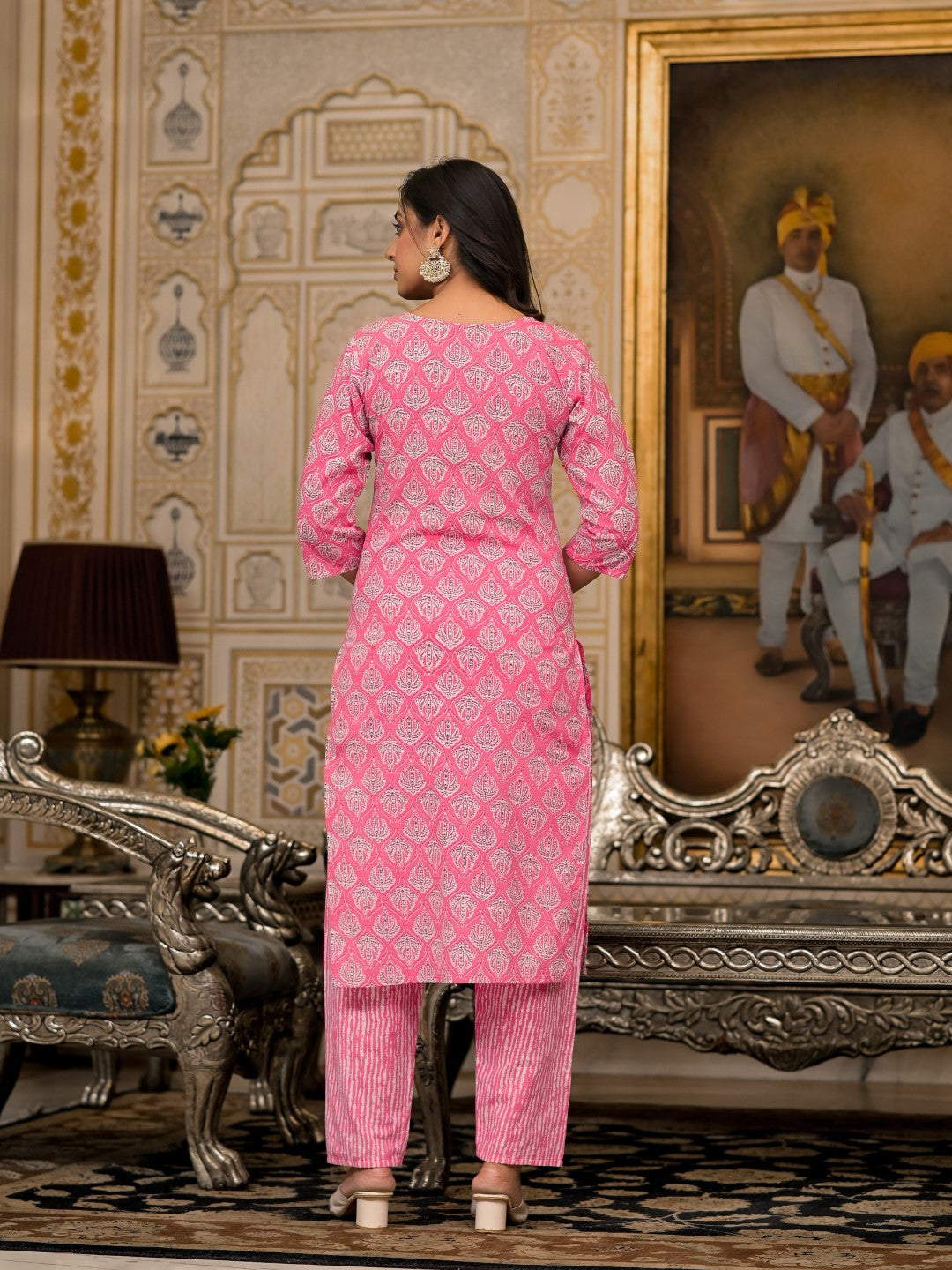 Juniper Women's Pink Ethnic Motif Printed Cotton Kurta, Pant And Dupatta Set With Thread And Mirror Work - Distacart