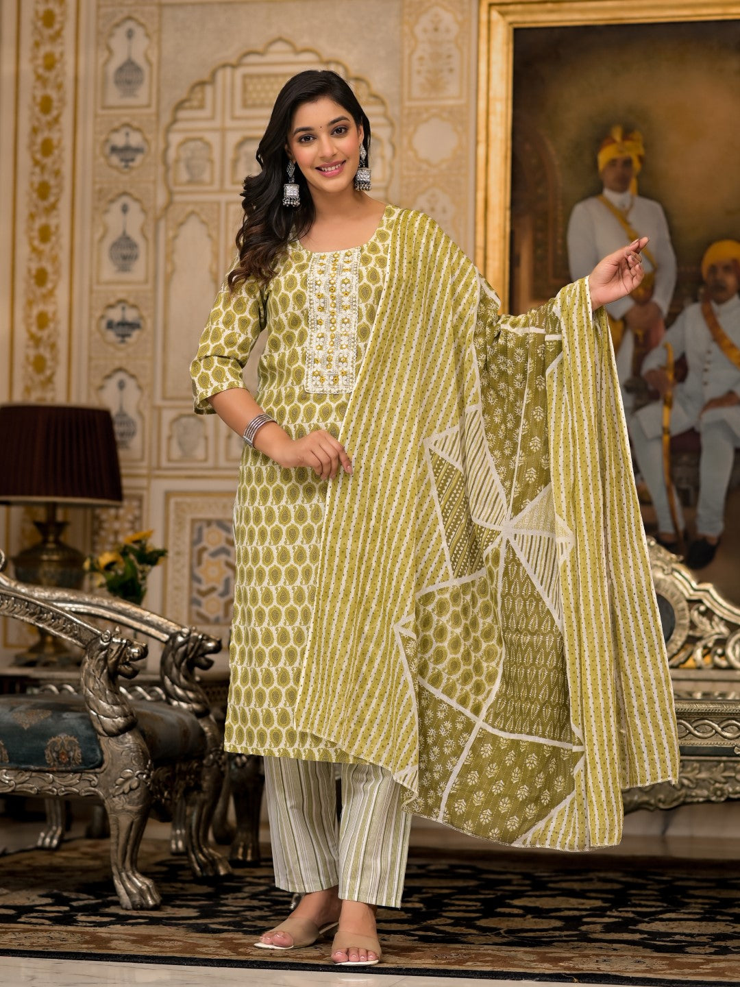 Juniper Women's Green Ethnic Motif Printed Cotton Kurta, Pant And Dupatta Set With Thread & Mirror Work - Distacart