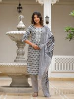 Thumbnail for Juniper Women's Grey Ethnic Motif Printed Cotton Kurta, Pant And Dupatta Set With Thread & Mirror Work - Distacart