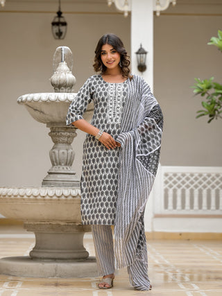 Juniper Women's Grey Ethnic Motif Printed Cotton Kurta, Pant And Dupatta Set With Thread & Mirror Work - Distacart