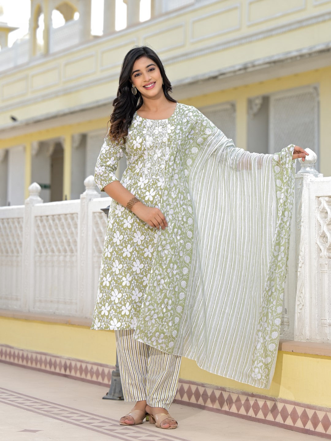 Juniper Women's Green Floral Printed Cotton Kurta, Pant And Dupatta Set With Thread & Mirror Work - Distacart