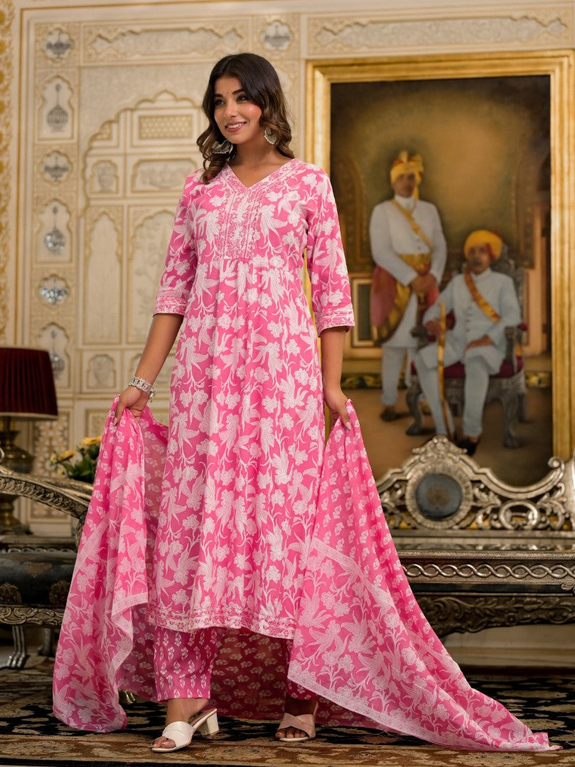 Juniper Women's Pink Floral Printed Liva Rayon Kurta Set With Thread & Mirror Work - Distacart