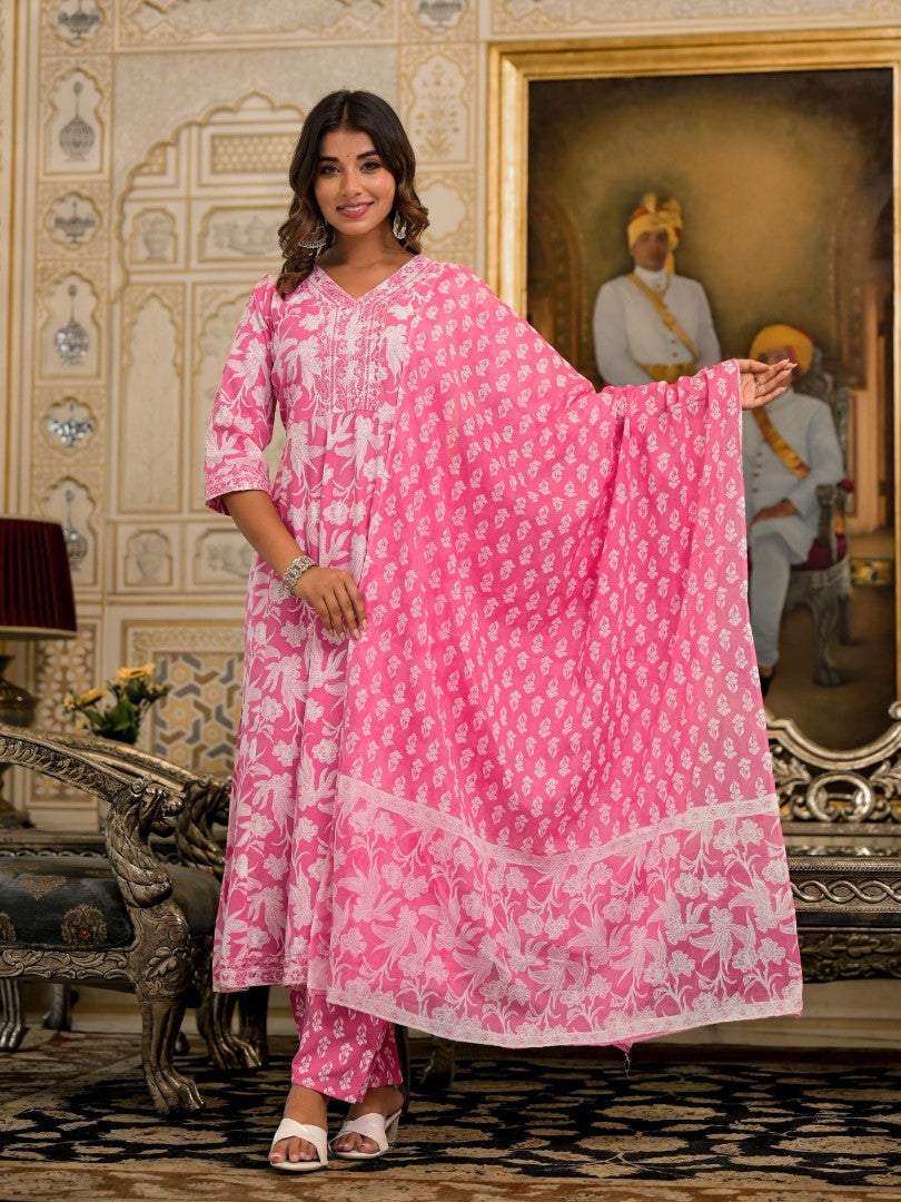 Juniper Women's Pink Floral Printed Liva Rayon Kurta Set With Thread & Mirror Work - Distacart