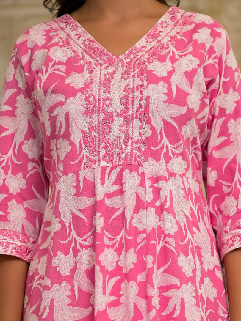 Juniper Women's Pink Floral Printed Liva Rayon Kurta Set With Thread & Mirror Work - Distacart