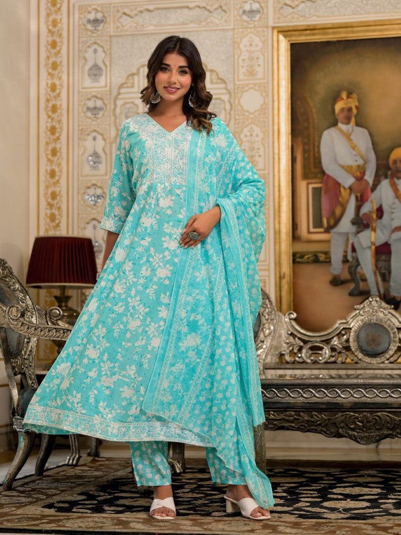 Juniper Women's Green Floral Printed Liva Rayon Kurta, Pant And Dupatta Set With Thread & Sequins Work - Distacart