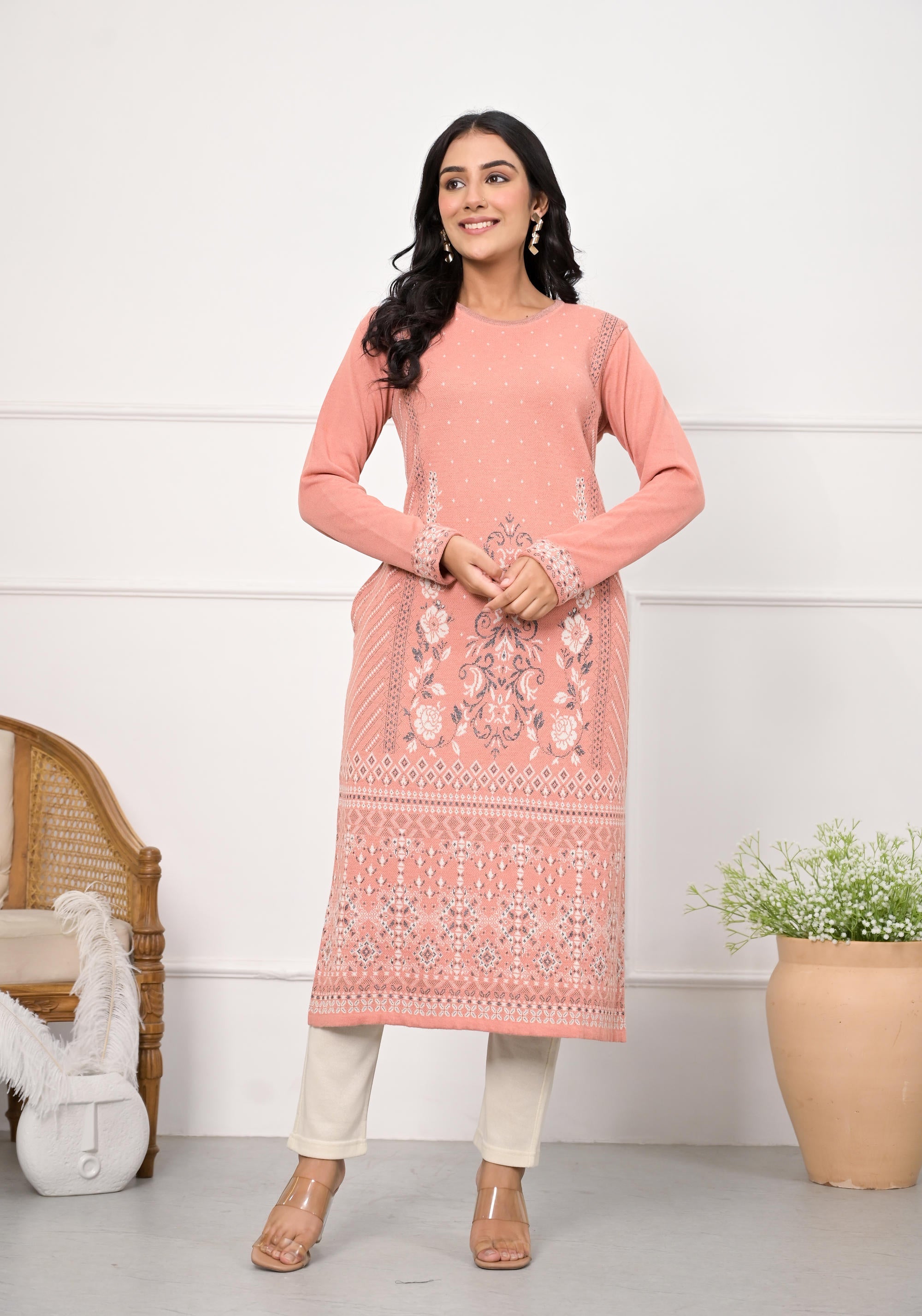 Juniper Women's Peach Ethnic Motif Printed Cotton Winter Wear Kurta - Distacart