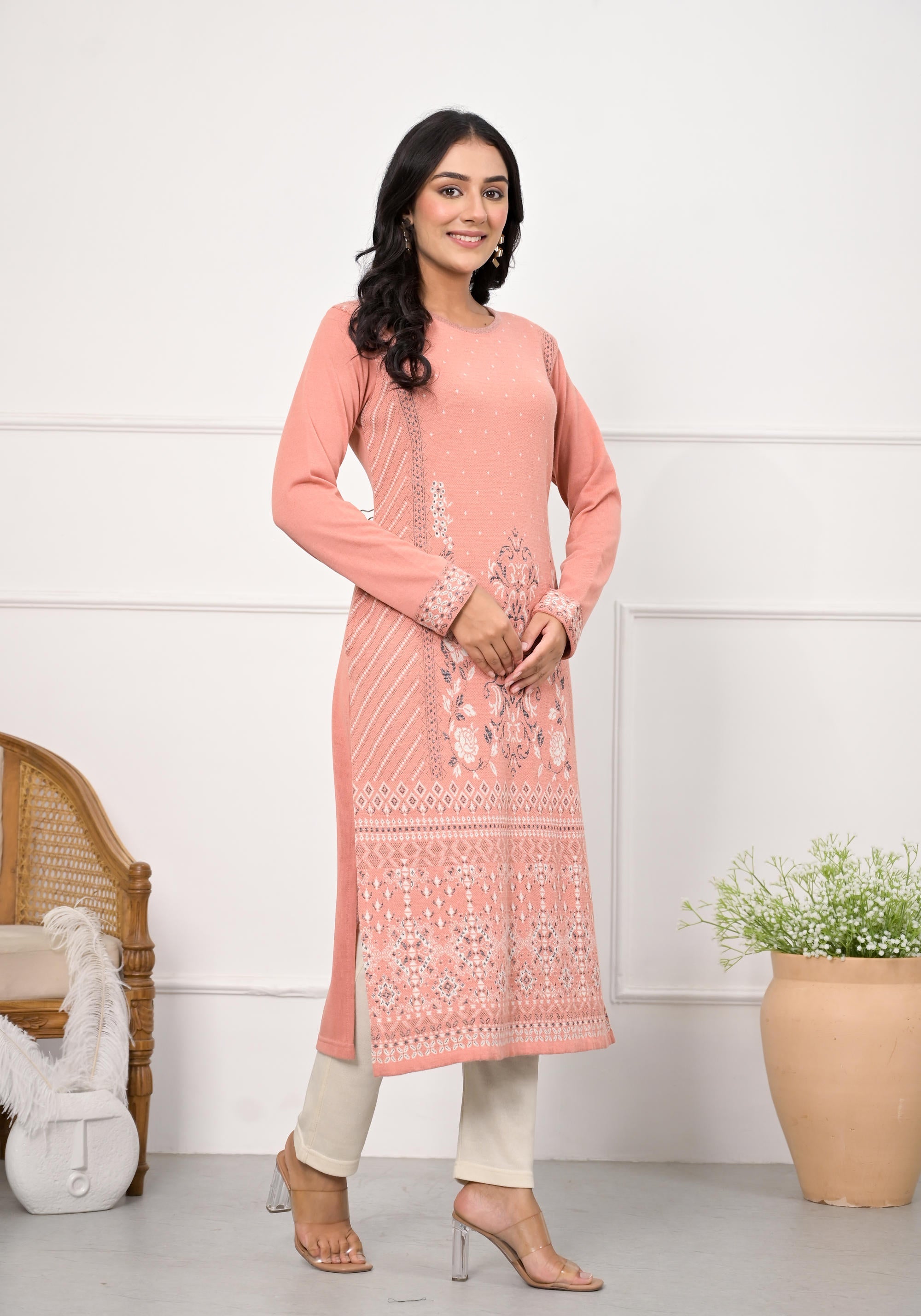 Juniper Women's Peach Ethnic Motif Printed Cotton Winter Wear Kurta - Distacart