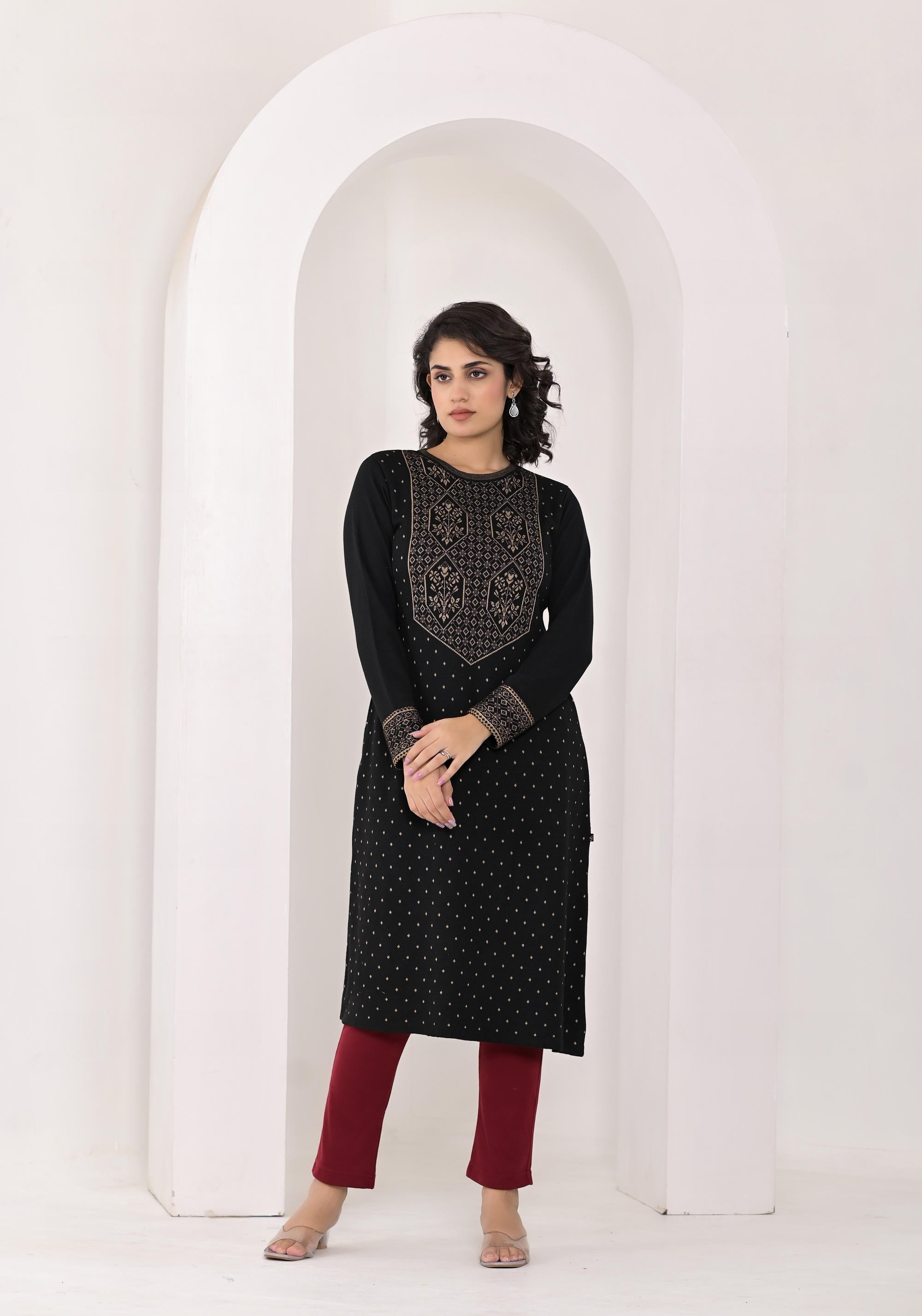 Juniper Women's Black Ethnic Motif Printed Cotton Winter Wear Kurta - Distacart