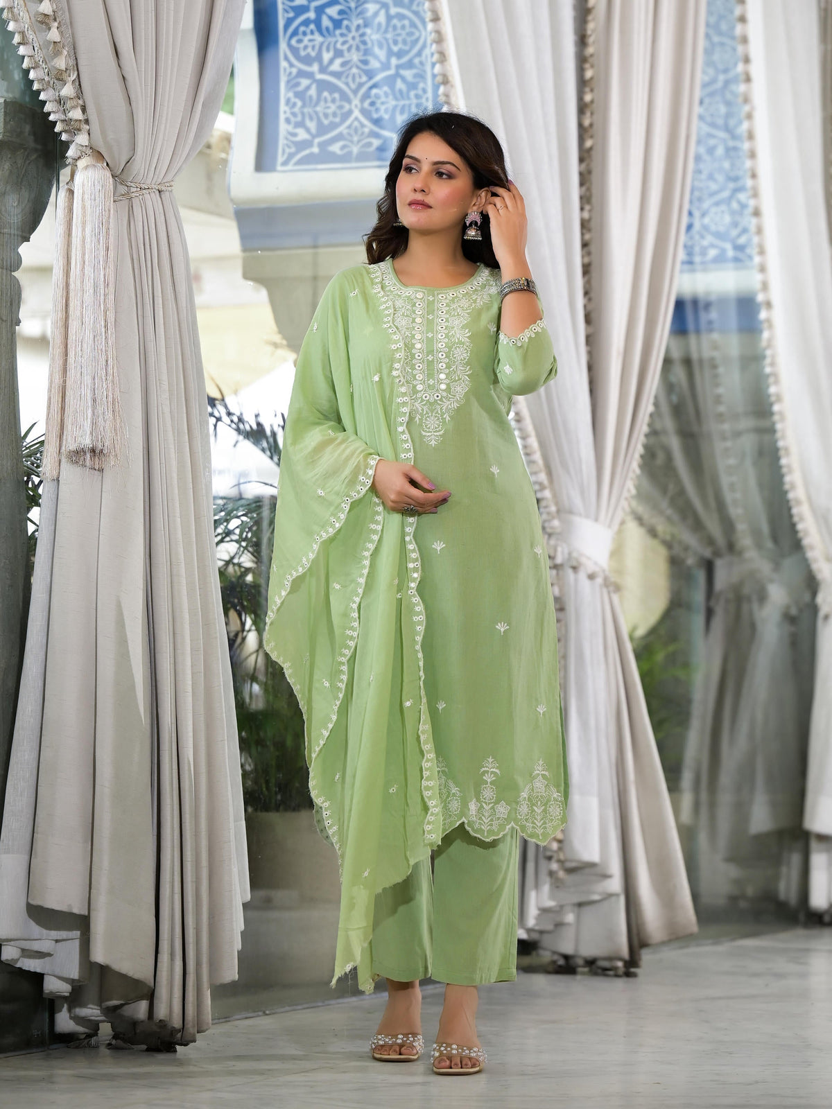 Juniper Women's Green Cotton Blend Solid Kurta Set - Distacart