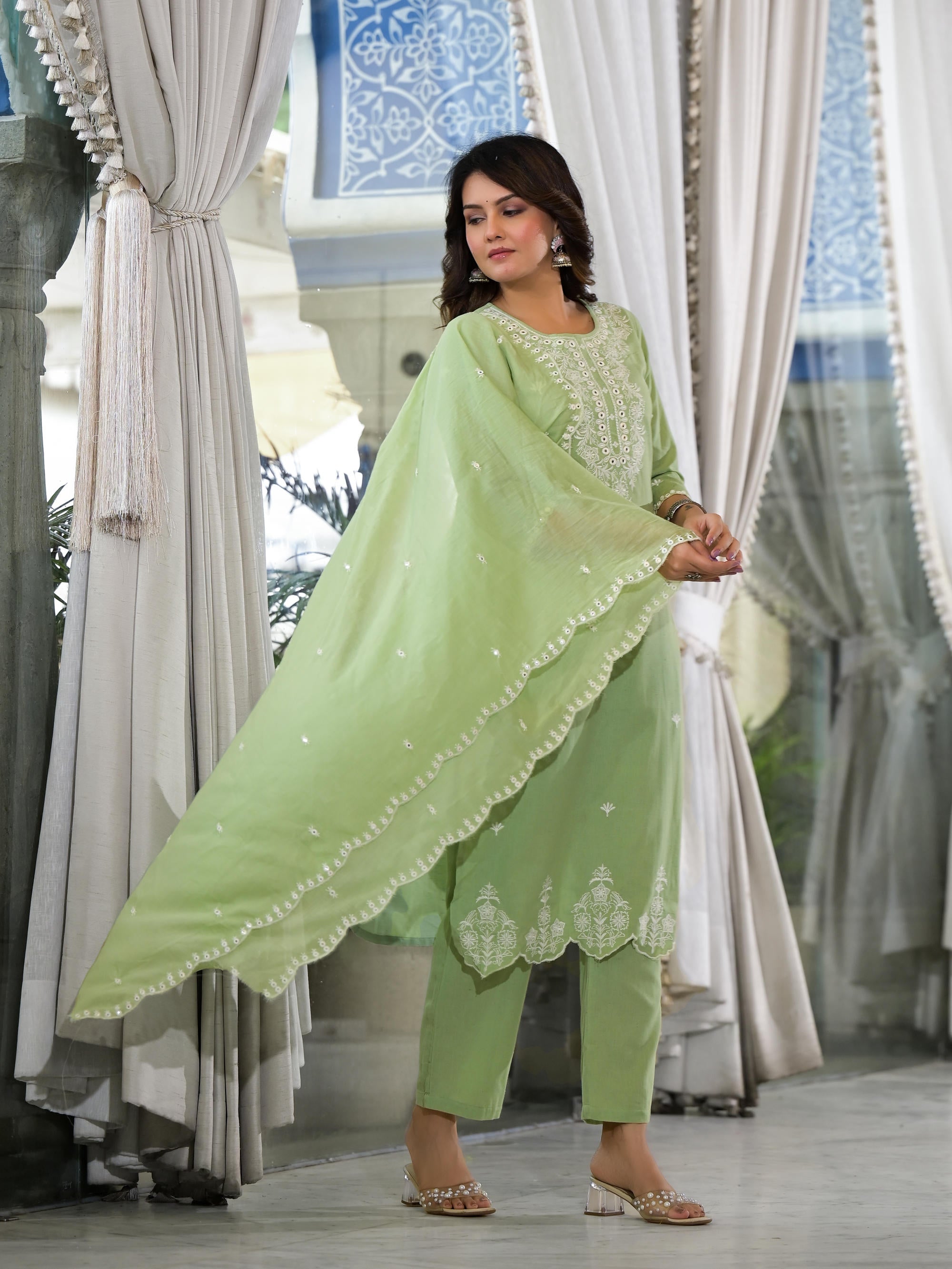 Juniper Women's Green Cotton Blend Solid Kurta Set - Distacart