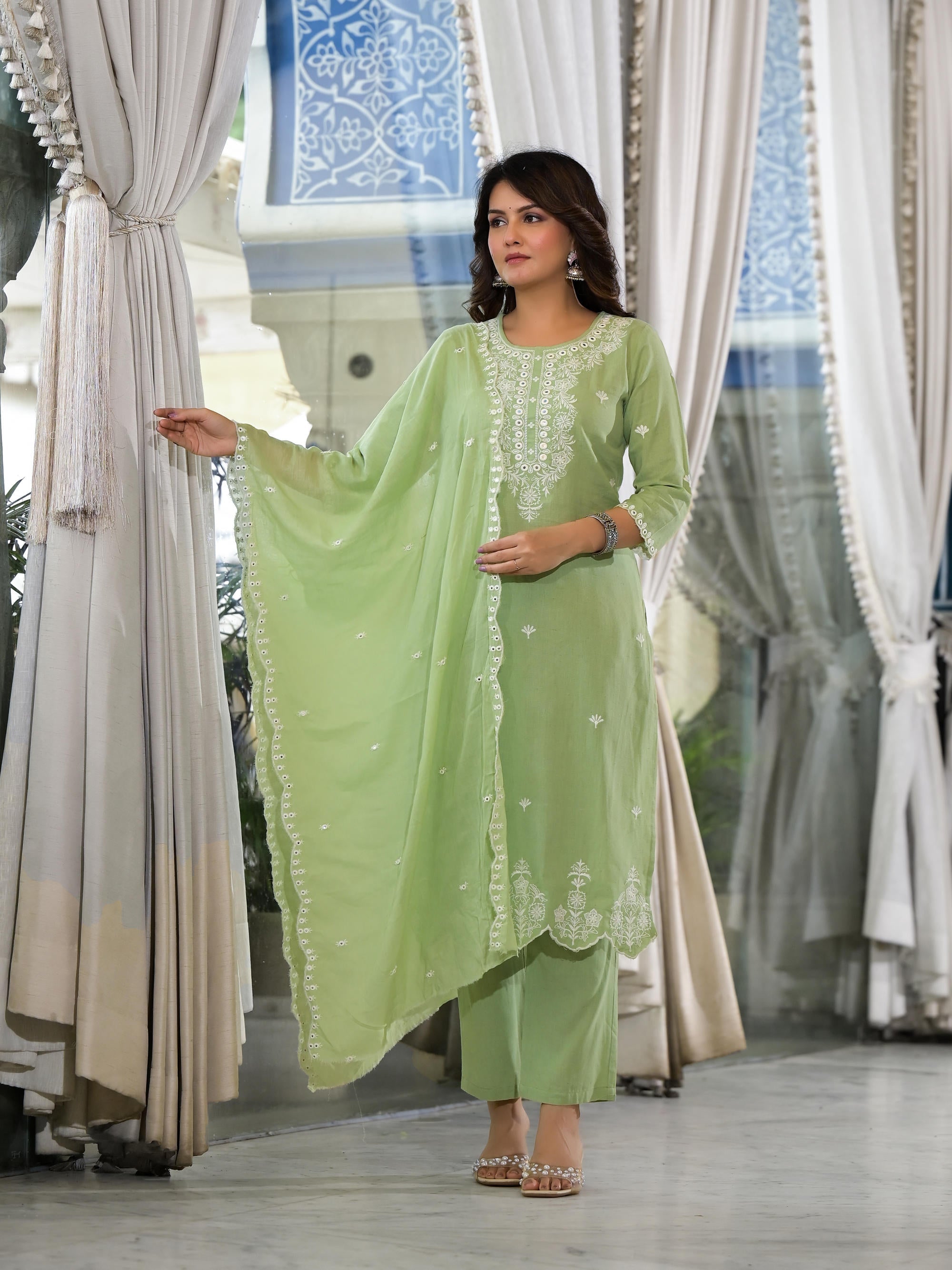 Juniper Women's Green Cotton Blend Solid Kurta Set - Distacart