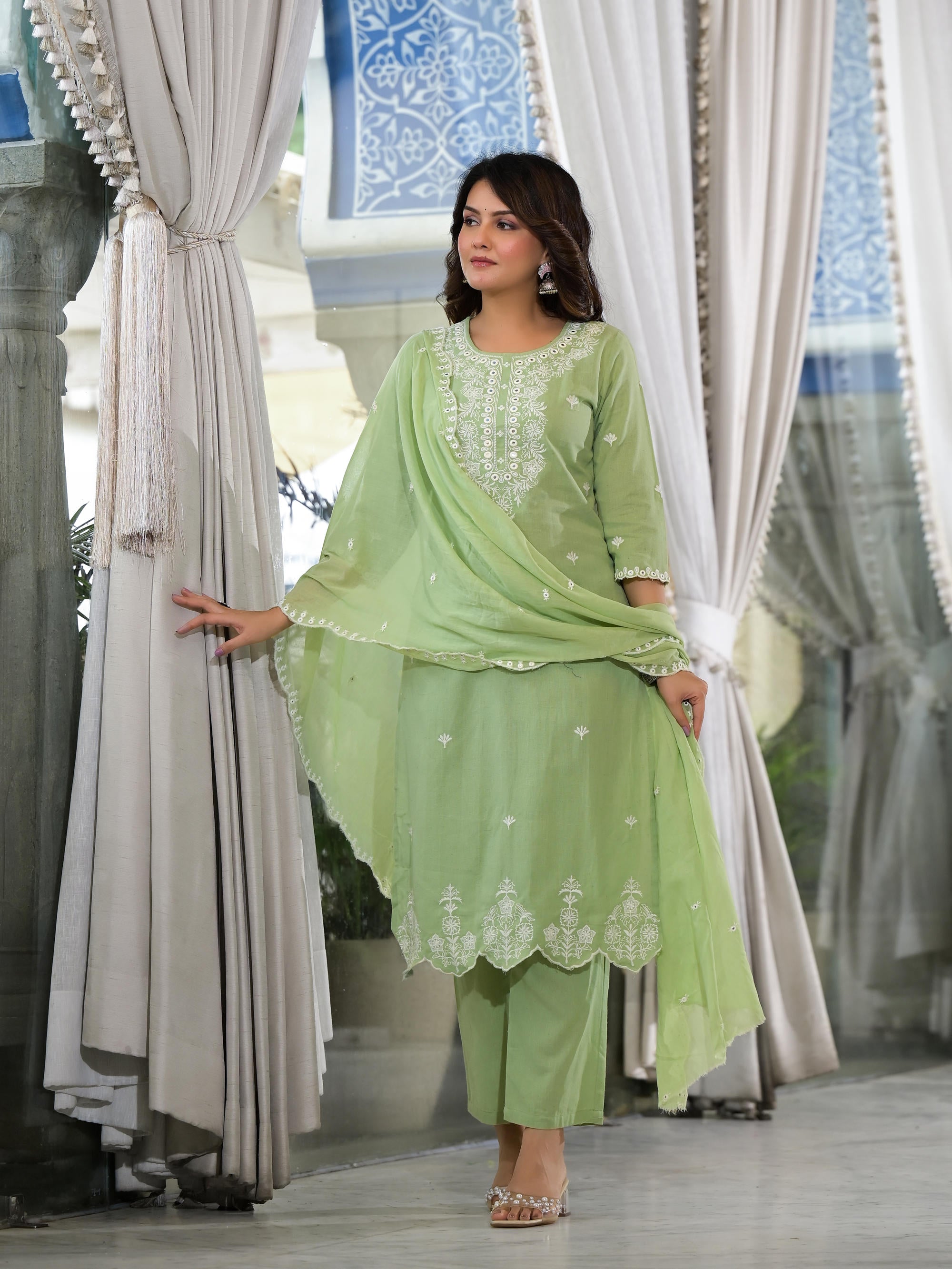 Juniper Women's Green Cotton Blend Solid Kurta Set - Distacart