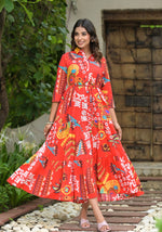 Thumbnail for Juniper Women's Red Geometric Printed Cambric Dress With Buttons & Doris On Waist - Distacart