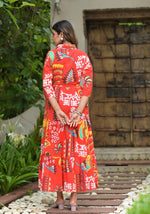 Thumbnail for Juniper Women's Red Geometric Printed Cambric Dress With Buttons & Doris On Waist - Distacart