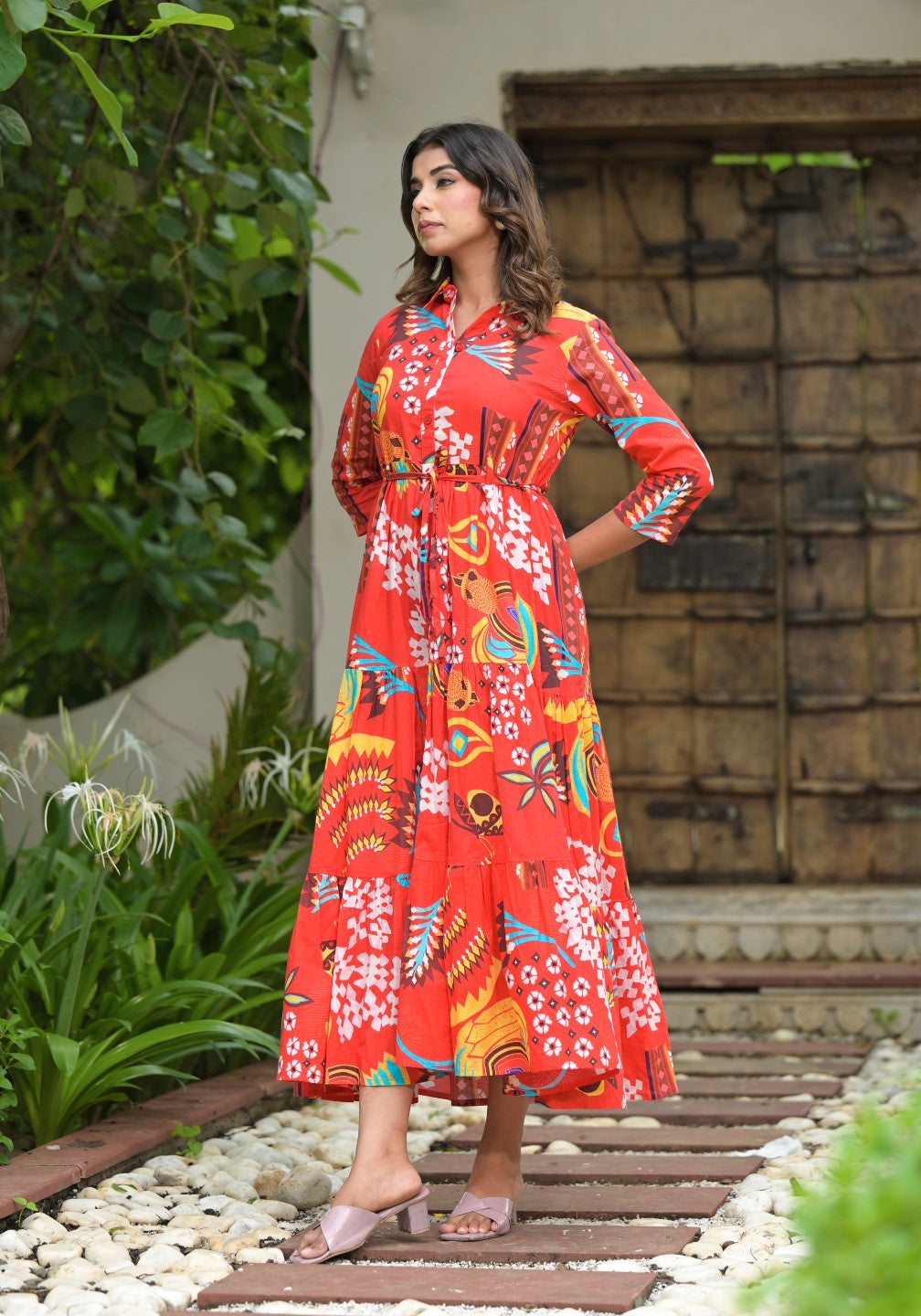 Juniper Women's Red Geometric Printed Cambric Dress With Buttons & Doris On Waist - Distacart
