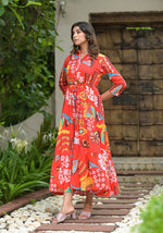 Thumbnail for Juniper Women's Red Geometric Printed Cambric Dress With Buttons & Doris On Waist - Distacart