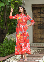 Thumbnail for Juniper Women's Red Geometric Printed Cambric Dress With Buttons & Doris On Waist - Distacart