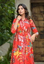Thumbnail for Juniper Women's Red Geometric Printed Cambric Dress With Buttons & Doris On Waist - Distacart