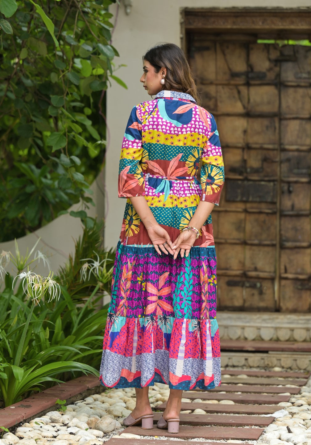 Juniper Women's Multi Geometric Printed Cambric Dress With Buttons & Doris On Waist - Distacart