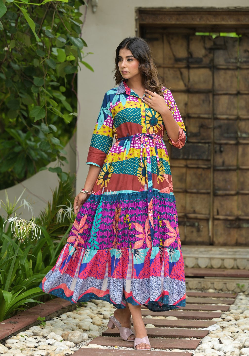 Juniper Women's Multi Geometric Printed Cambric Dress With Buttons & Doris On Waist - Distacart