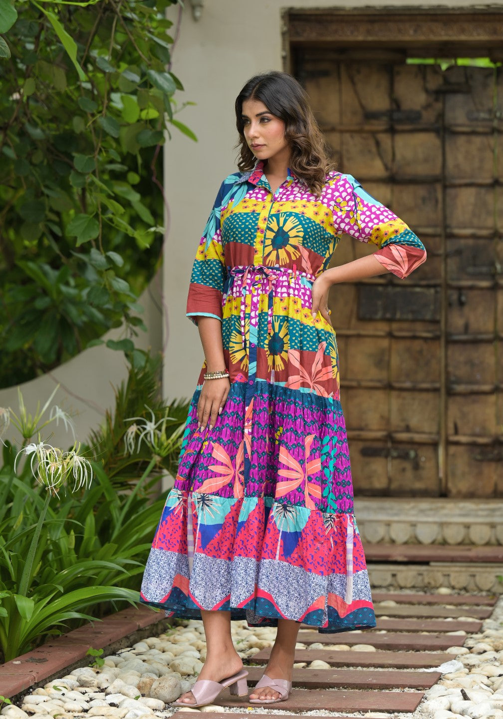 Juniper Women's Multi Geometric Printed Cambric Dress With Buttons & Doris On Waist - Distacart