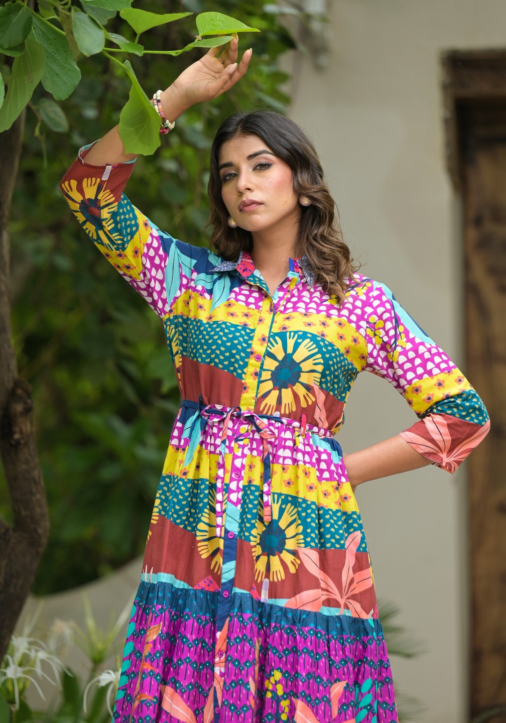 Juniper Women's Multi Geometric Printed Cambric Dress With Buttons & Doris On Waist - Distacart