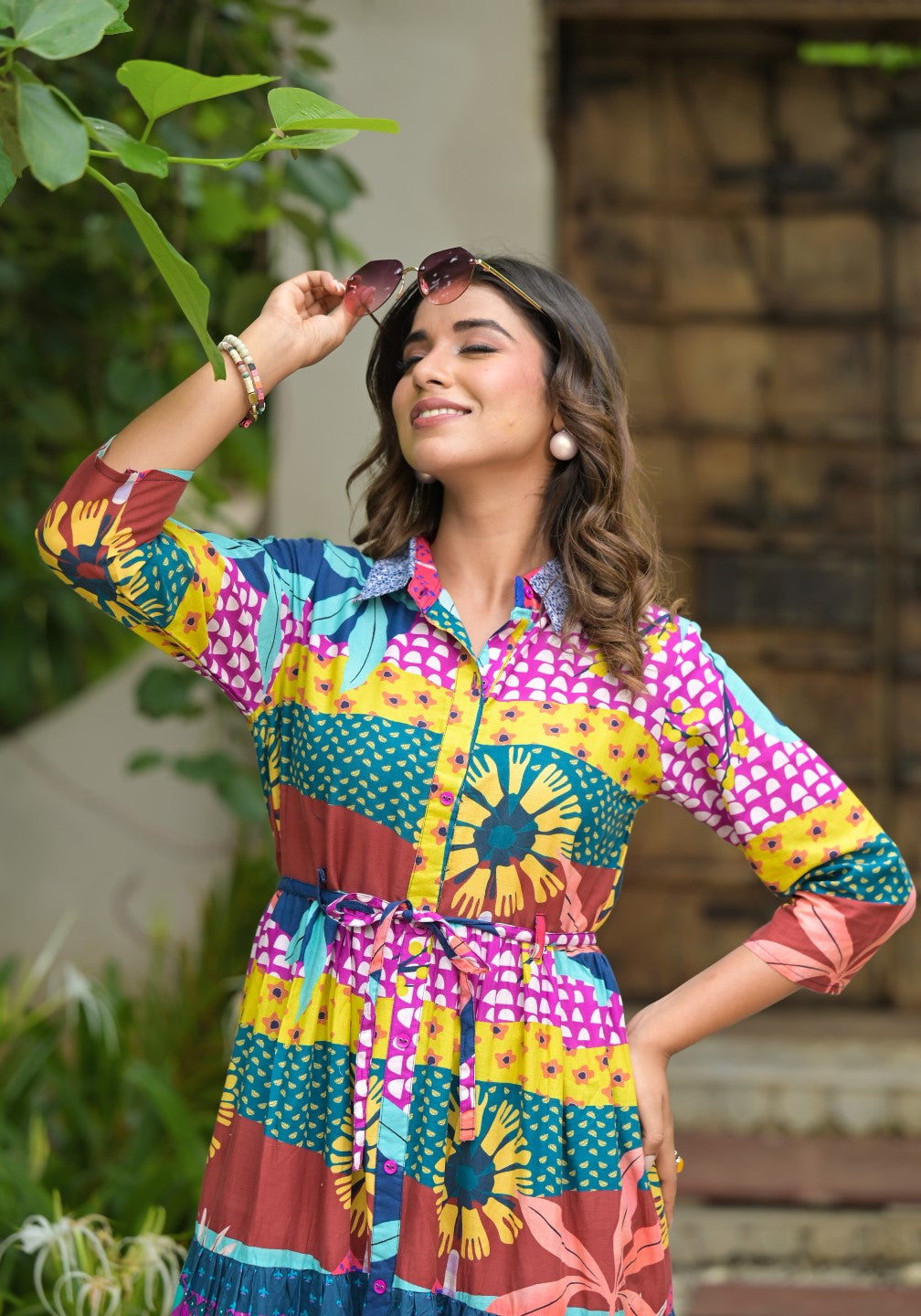 Juniper Women's Multi Geometric Printed Cambric Dress With Buttons & Doris On Waist - Distacart