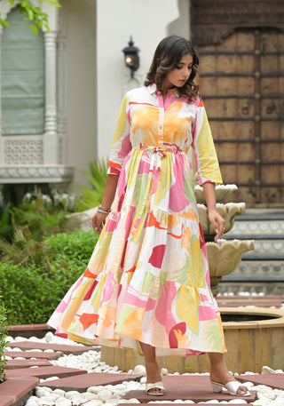 Juniper Women's Off White Geometric Printed Cambric Dress With Buttons & Doris On Waist - Distacart